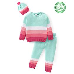 Babyhug Knitted Full Sleeves Striped Sweater Set with Cap - Multicolour