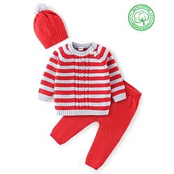 Babyhug Full Sleeves Sweater Set with Cap Striped Design - Rust Red & Grey