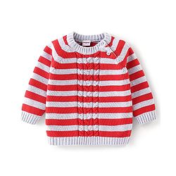 Babyhug Full Sleeves Sweater Set with Cap Striped Design - Rust Red & Grey