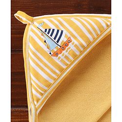 Babyhug Double Layer Interlock Hooded Towel Boat Print L 75 x B 76 cm- Yellow