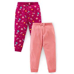 Babyhug Cotton Knit Full Lenght  Lounge Pant Floral Print Pack Of 2 - Pink & Maroon