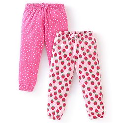 Babyhug Cotton Knit Full Length Lounge Pants with Bow Applique Polka Dots & Strawberry Pack of 2 - Deep & Light Pink