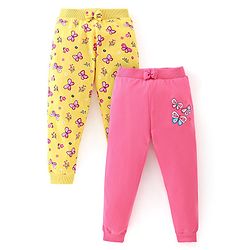 Babyhug Cotton Knit Lounge Pants Butterfly Print Pack of 2 - Pink & Yellow