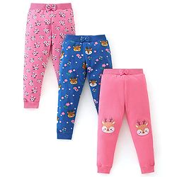 Babyhug Cotton Knit Lounge Pants Floral Print Pack of 3 - Pink & Blue