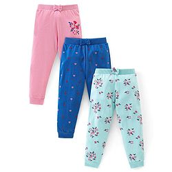 Babyhug Cotton Knit Full Length Lounge Pant Floral & Heart Print Pack of 3 - Pink & Blue