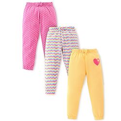 Babyhug Cotton Knit Track Pants Striped & Printed Pack of 3 - Pink & Yellow