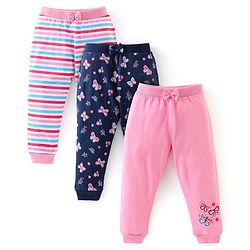 Babyhug Cotton Knit Full Length Lounge Pants with Bow Applique Stripes & Butterfly Print Pack of 3 - Pink & Navy