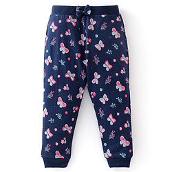 Babyhug Cotton Knit Full Length Lounge Pants with Bow Applique Stripes & Butterfly Print Pack of 3 - Pink & Navy