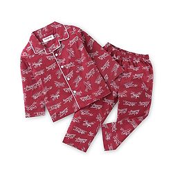 Babyhug Cotton Woven Full Sleeves Night Suit with Air Planes Print - Red