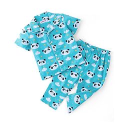 Babyhug Cotton Knit Half Sleeves Night Suit With Panda Print - Blue
