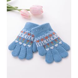 Babyhug Woolen Gloves Pair Text Design - Sky Blue