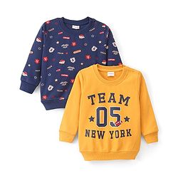 Babyhug Cotton Knit Full Sleeves Sweatshirt With Graphics Text Print Pack Of 2 - Navy Blue & Yellow