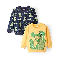 Babyhug Cotton Knit Full Sleeves Sweatshirt Dino Print Pack of 2 - Blue & Yellow