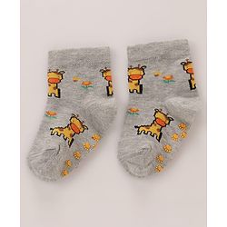 Cutewalk by Babyhug Cotton Anti-Bacterial Anti-Skid Ankle Length Striped & Giraffe Design Socks Pack of 3 - Yellow & Grey