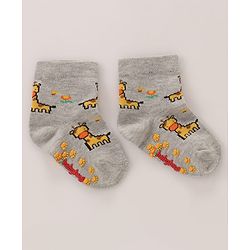 Cutewalk by Babyhug Cotton Anti-Bacterial Anti-Skid Ankle Length Striped & Giraffe Design Socks Pack of 3 - Yellow & Grey