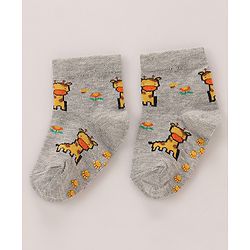 Cutewalk by Babyhug Cotton Anti-Bacterial Anti-Skid Ankle Length Striped & Giraffe Design Socks Pack of 3 - Yellow & Grey
