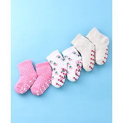 Cute Walk by Babyhug Anti Bacterial Anti Skid Ankle Length Cotton Knit Socks Floral Design Pack of 3 - Pink White & Beige