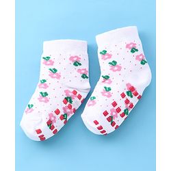Cute Walk by Babyhug Anti Bacterial Anti Skid Ankle Length Cotton Knit Socks Floral Design Pack of 3 - Pink White & Beige