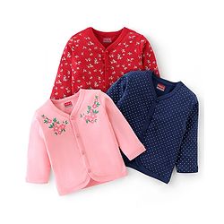 Babyhug 100% Cotton Full Sleeves Front Open Vests Floral & Dot Print Pack of 3- Pink Blue & Red