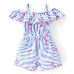 Babyhug 100% Cotton Woven Sleeveless Yarn Dyed Striped Jumpsuit Butterfly Embroidery - Blue