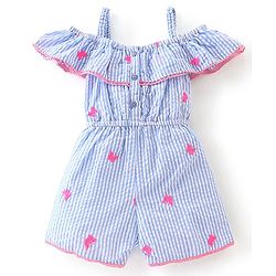 Babyhug 100% Cotton Woven Sleeveless Yarn Dyed Striped Jumpsuit Butterfly Embroidery - Blue
