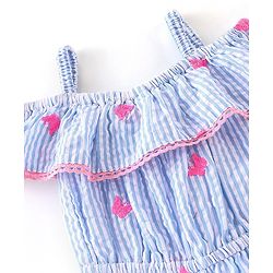 Babyhug 100% Cotton Woven Sleeveless Yarn Dyed Striped Jumpsuit Butterfly Embroidery - Blue