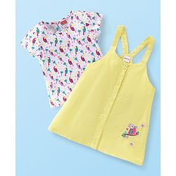 Babyhug Cotton Knit Short Sleeves Inner Tee with Corduroy Frock Parrot Printed  - Yellow