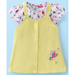 Babyhug Cotton Knit Short Sleeves Inner Tee with Corduroy Frock Parrot Printed  - Yellow