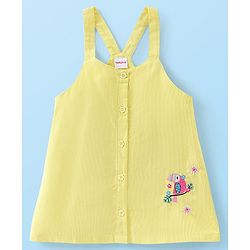 Babyhug Cotton Knit Short Sleeves Inner Tee with Corduroy Frock Parrot Printed  - Yellow