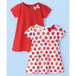 Babyhug Knit Half Sleeves Frocks Strawberry Printed with Bow Applique - White & Red