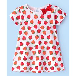Babyhug Knit Half Sleeves Frocks Strawberry Printed with Bow Applique - White & Red