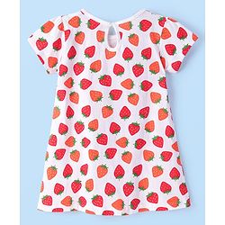 Babyhug Knit Half Sleeves Frocks Strawberry Printed with Bow Applique - White & Red
