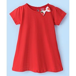 Babyhug Knit Half Sleeves Frocks Strawberry Printed with Bow Applique - White & Red