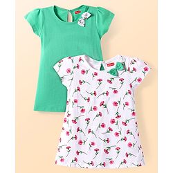 Babyhug Cotton Knit Half Sleeves Frocks With Floral Print Pack of 2 - White & Green