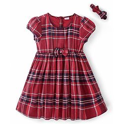 Babyhug Cotton Yarndyed Half Sleeves Checkered Dress with Headband - Red