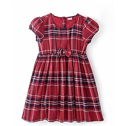 Babyhug Cotton Yarndyed Half Sleeves Checkered Dress with Headband - Red