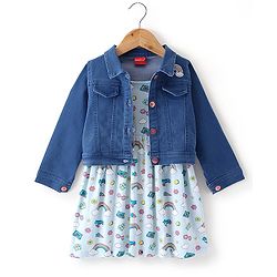 Babyhug Cotton Spandex Knit Floral Printed Singlet Frock with Full Sleeves Denim Jacket - Blue