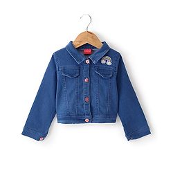 Babyhug Cotton Spandex Knit Floral Printed Singlet Frock with Full Sleeves Denim Jacket - Blue