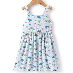 Babyhug Cotton Spandex Knit Floral Printed Singlet Frock with Full Sleeves Denim Jacket - Blue