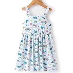 Babyhug Cotton Spandex Knit Floral Printed Singlet Frock with Full Sleeves Denim Jacket - Blue
