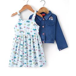 Babyhug Cotton Spandex Knit Floral Printed Singlet Frock with Full Sleeves Denim Jacket - Blue