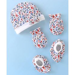 Babyhug 100% Cotton Cap Mittens And Booties Floral Print - Multicolour