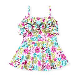 Babyhug Singlet Sleeves Ruffle & Floral Detailing Swimsuit Frock - Multicolour