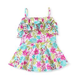 Babyhug Singlet Sleeves Ruffle & Floral Detailing Swimsuit Frock - Multicolour