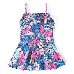 Babyhug Singlet Sleeves Ruffle & Floral Detailing Swimsuit Frock - Blue