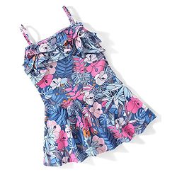 Babyhug Singlet Sleeves Ruffle & Floral Detailing Swimsuit Frock - Blue