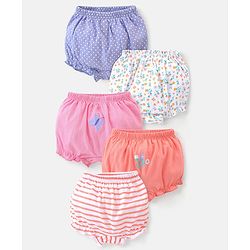 Babyhug Cotton Knit Bloomers Floral & Stripes Print Pack of 5 - Multicolor