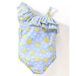 Babyhug Sleeveless One Shoulder V Cut Swimsuit Lemon Print - Blue
