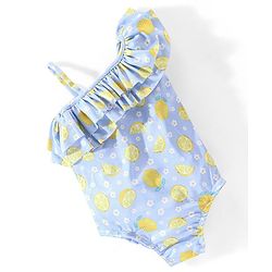 Babyhug Sleeveless One Shoulder V Cut Swimsuit Lemon Print - Blue