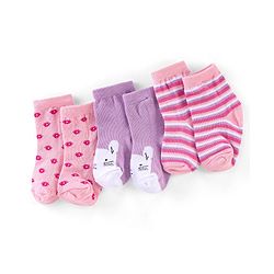Cutewalk By Babyhug Anti Bacterial Ankle Length Socks Cat Print Pack Of 3 - Pink & Violet